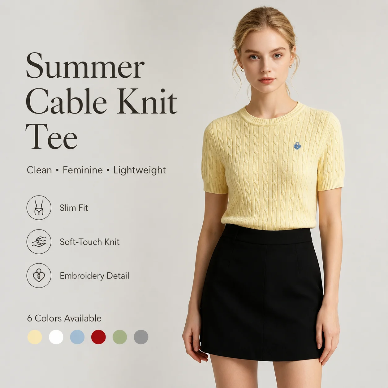 Women’s Summer Cable Knit Top Short Sleeve Crew Neck Slim Fit Embroidered Heart Pullover Sweater