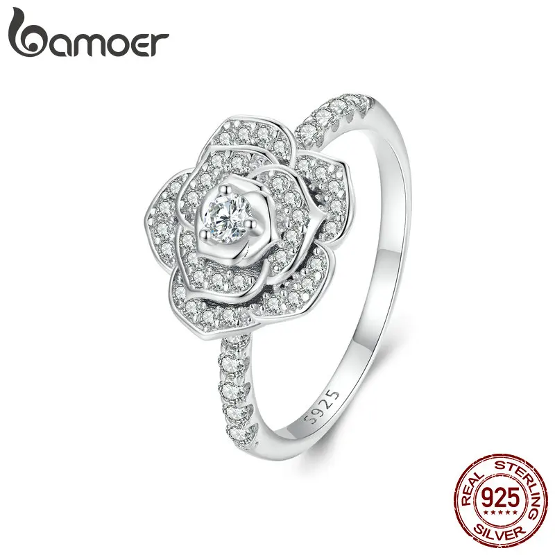 Bamoer 925 Sterling Silver Luxury Flower Ring Delicate Clear Rose Ring Pave Setting CZ for Women Fine Jewelry Gift