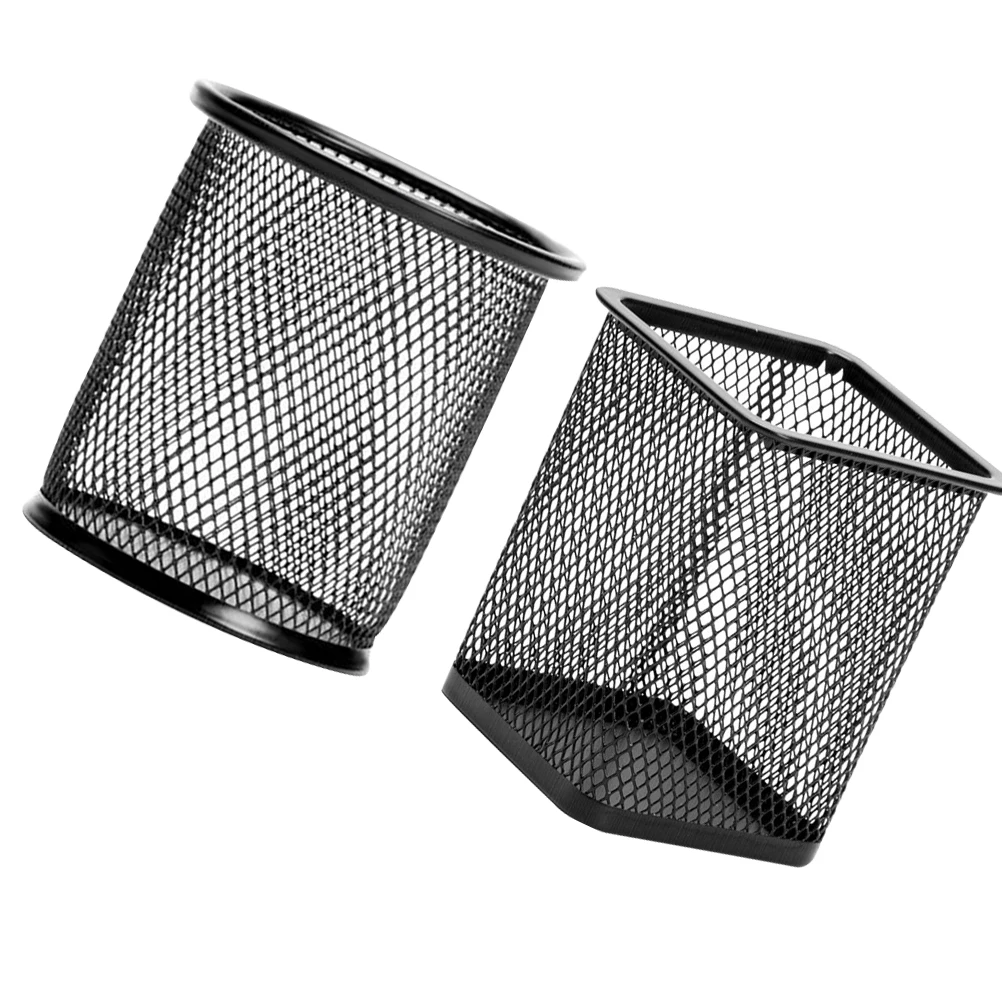 

2 Pcs Pen Holder Stationery Iron for Office Pencil Desktop Cynlinder Cuboid Home Hollow Container Holders