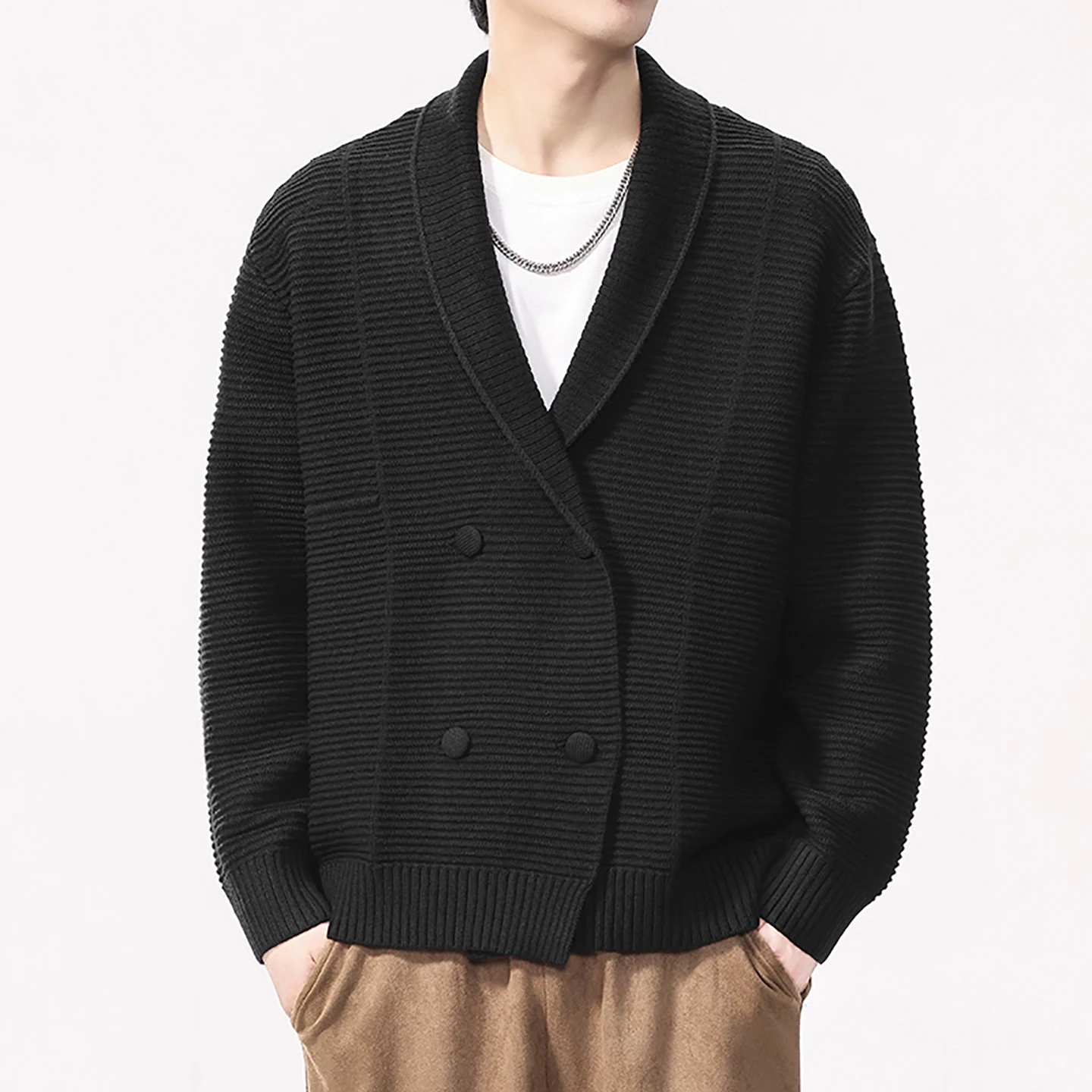 Autumn Winter Double-breasted Cardigan Sweater Coat Men Vintage Fashion Loose Casual Knitted Sweater Jacket Jumper Outerwear