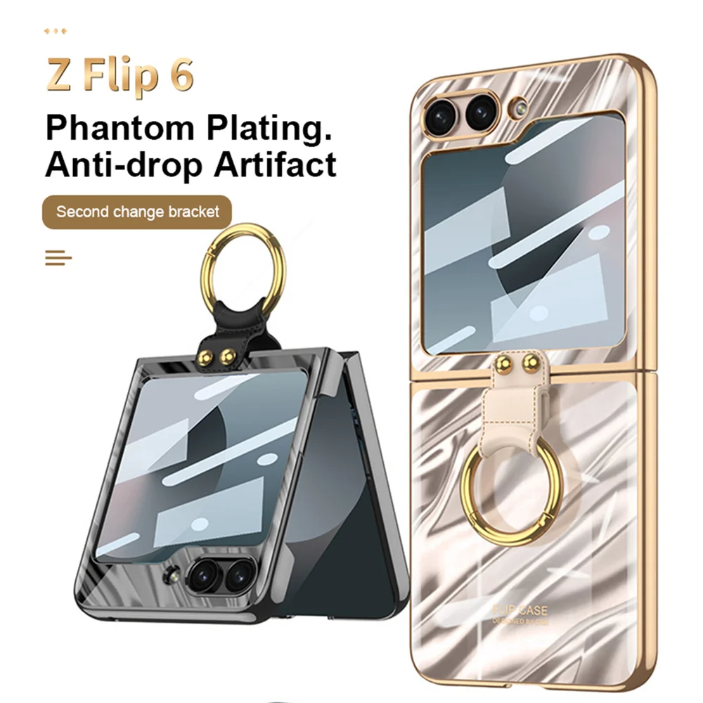 Business Electroplate Wave Case for Samsung Z Flip 6 Ring Holder Cases for Samsung Galaxy Z Flip 6 ZFlip6 Flip6 Hard PC Cover