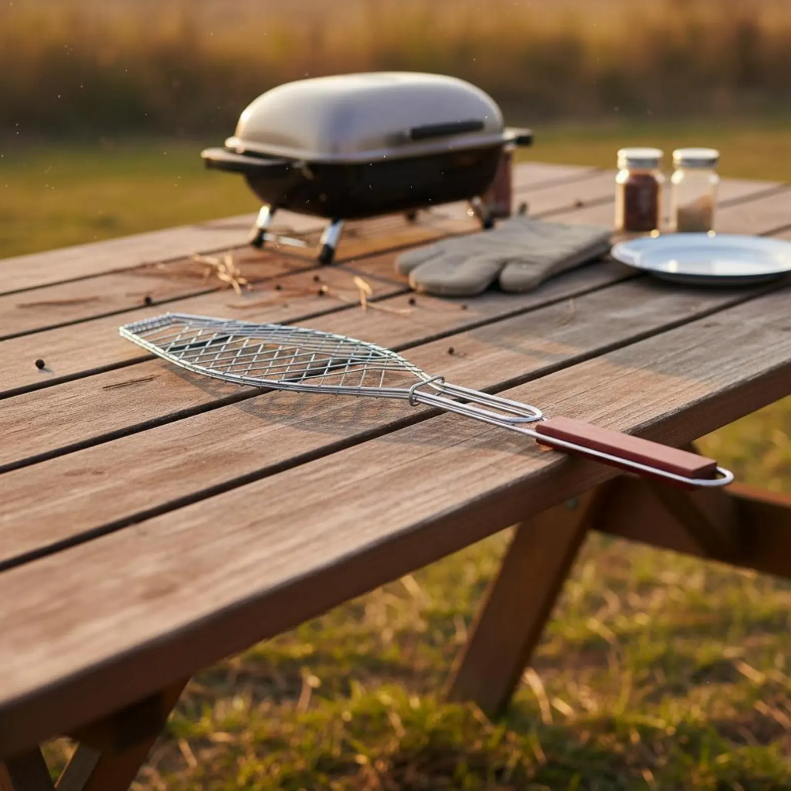 Seafood Grilling Basket Wood Handle Seafood Grill Basket Outdoor Cooking Gear for Cooks