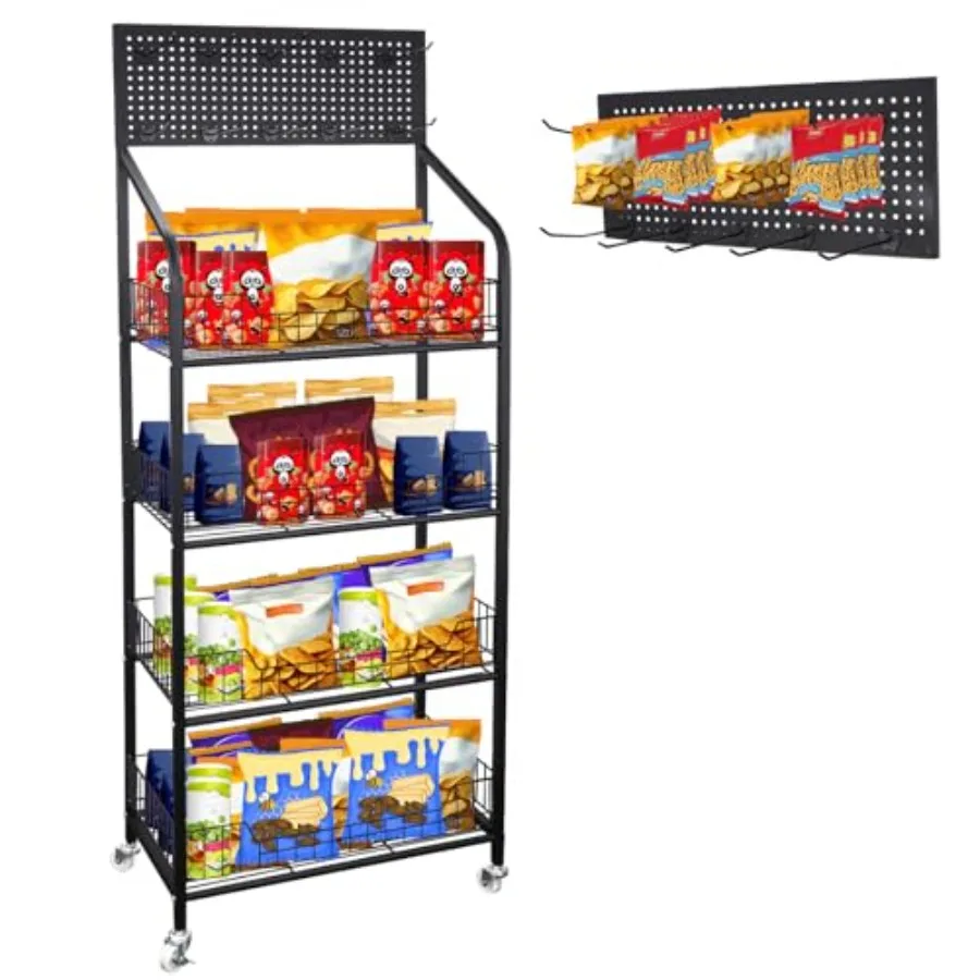 Estante de exhibición de aperitivos al por menor de 4 niveles Estante de exhibición de dulces al por menor de metal negro con ruedas y 10 ganchos para tiendas de conveniencia Supermark