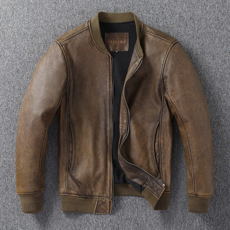 American Baseball Collar Men Real Leather Jacket, Vintage Distressed Top Layer Cowhide Short Casual Spring & Fall Coat
