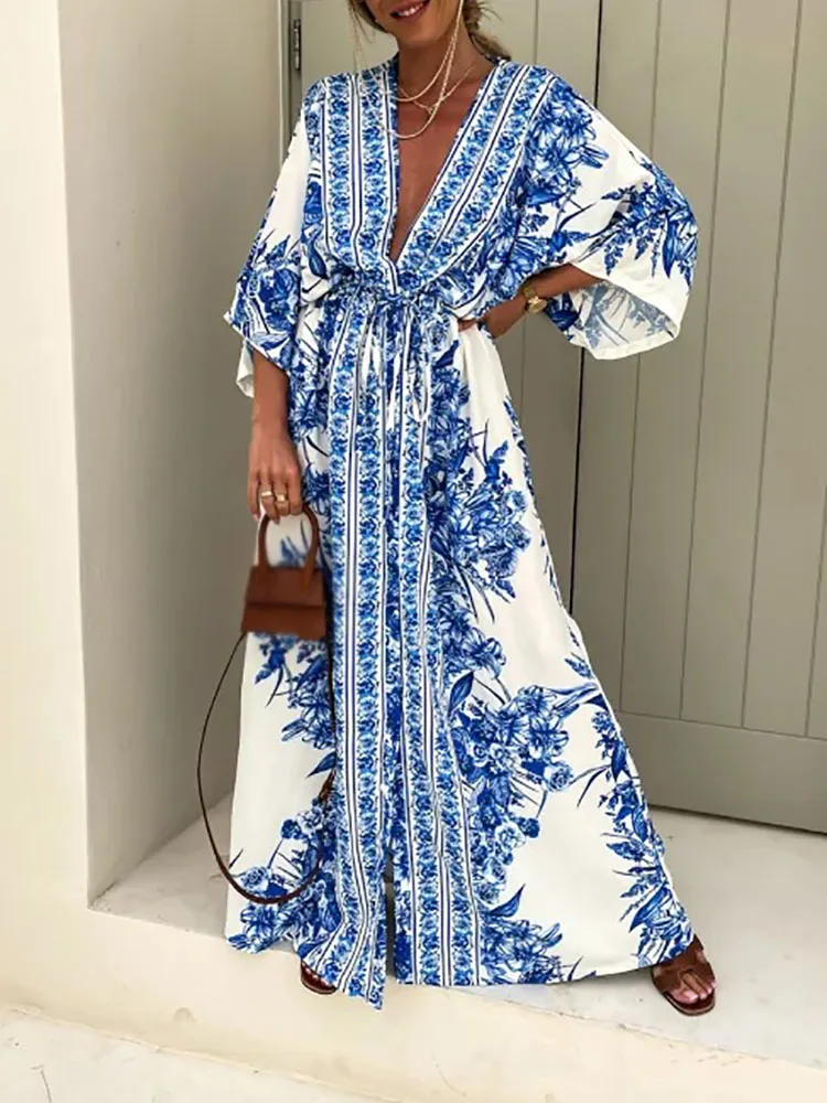 Boho Deep V Neck Waist Drawstring Long Dress Women Spring Pattern Print Vintage Maxi Dress Summer Short Sleeve Loose Beach Dress