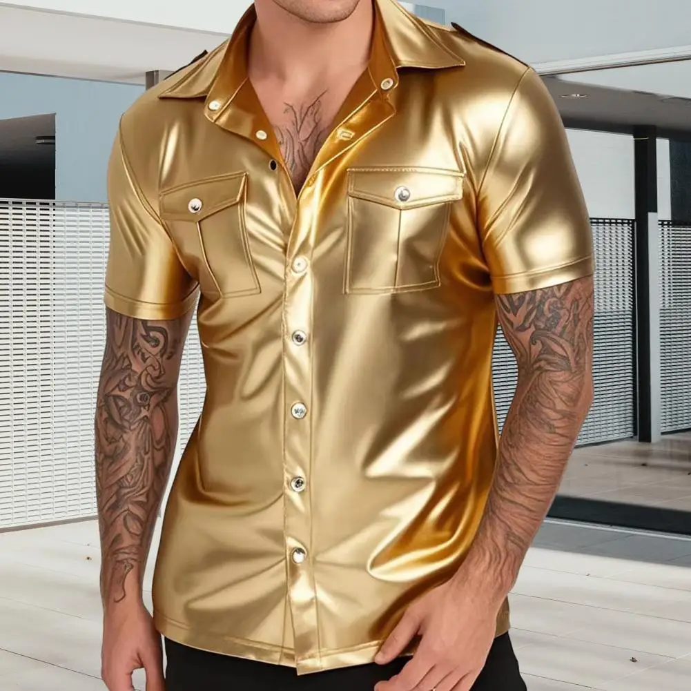 

Мужская металлическая рубашка на пуговицах, рубашка с короткими рукавами и лацканами, сценический костюм для ночного клуба, приталенная рубашка с покрытием для вечеринок, баров, клубов