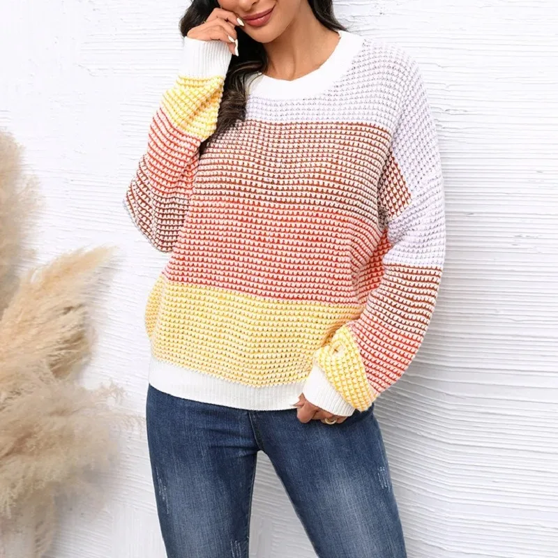 Casual Loose Stripe Knitted Pullovers for Autumn/Winter Women's Tops 2023 New Fashion Slim  O-neck Full Sleeve Sweater for Women