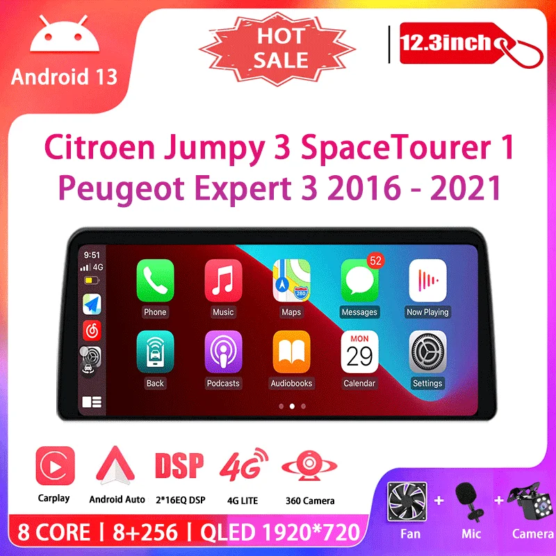 

12,3 дюймов Android 13 для Citroen Jumpy 3 SpaceTourer 1 для Peugeot Expert 3 2016 - 2021 автомобильное радио мультимедийный видеоплеер навигация