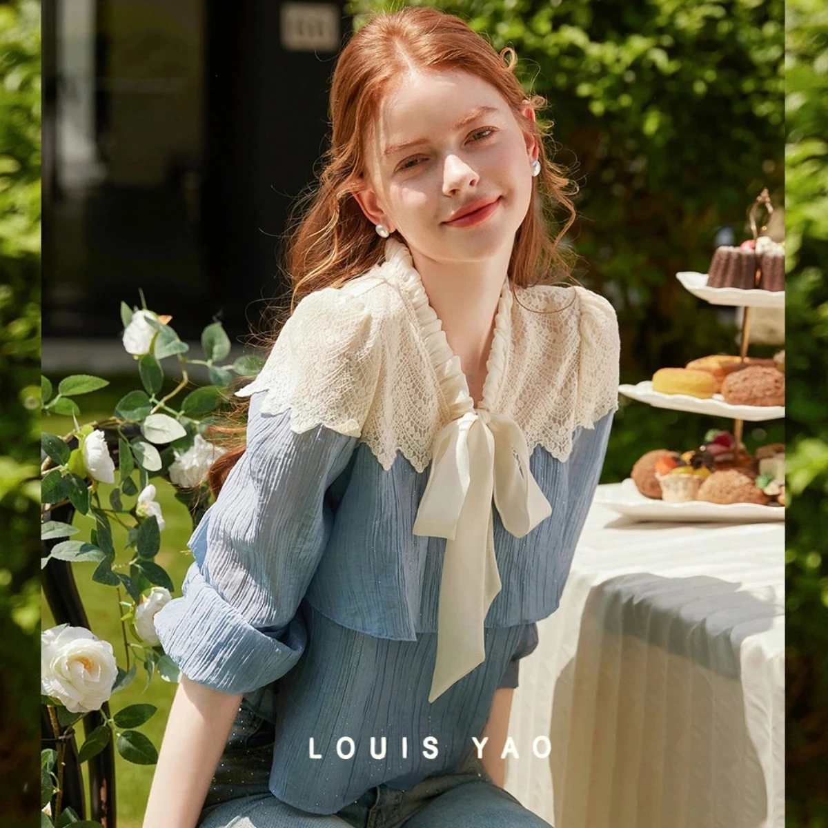 

LOUIS YAO Tie-Neck Elegant Women's Blouses 2025 Autumn New Women Tops Contrast Colors Patchwork Fabric Shirt Woman Clothing