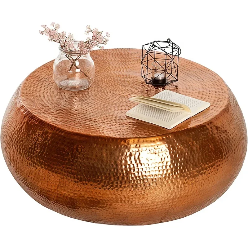 Rustic hand-forged hammer texture copper coffee table creative drum-shaped side corner table