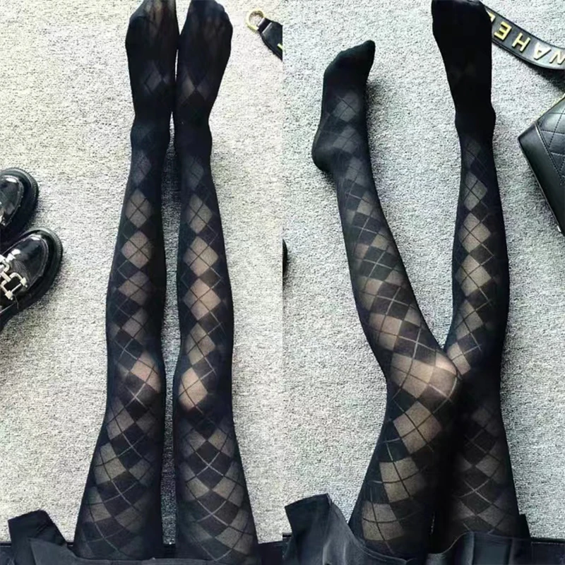 Fashion Sexy Women\'s Plaid Pantyhose Retro British Style Diamond Pattern Stockings Lolita Spice Girls Black Nylon Tights
