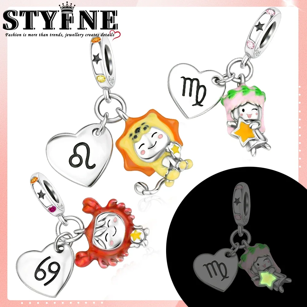 Luminous Twelve Constellation Birthdays Anniversaries Gift Charms 925 Silver Aquarius Fit Original Bracelets Beads DIY Jewelry