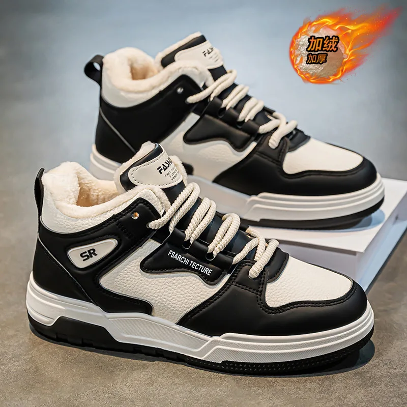 

2025 зимние мужские высокие меховые белые кроссовки на массивной подошве, термохлопковая обувь, модная повседневная спортивная обувь
