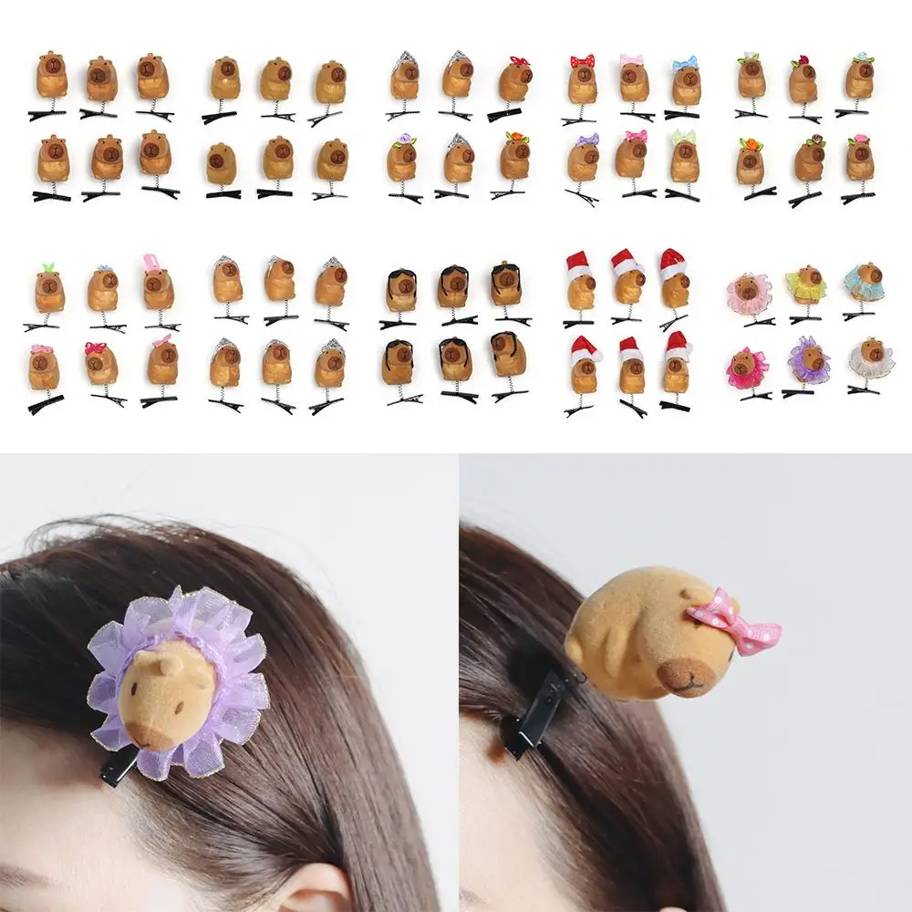 6pcs Cute Cartoon Capybara Spring Hair Clip Kawaii Funny Children Headwear 3D Plush Hairpin Hair Styling Tool