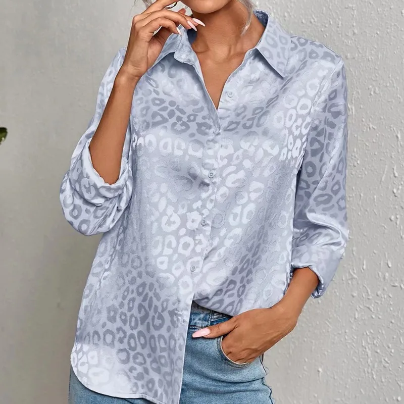 Spring and Autumn Women's Polo Collar Printed Leopard Button Long Sleeve Single Breasted Cardigan Chiffon Shirt Coat Casual Tops