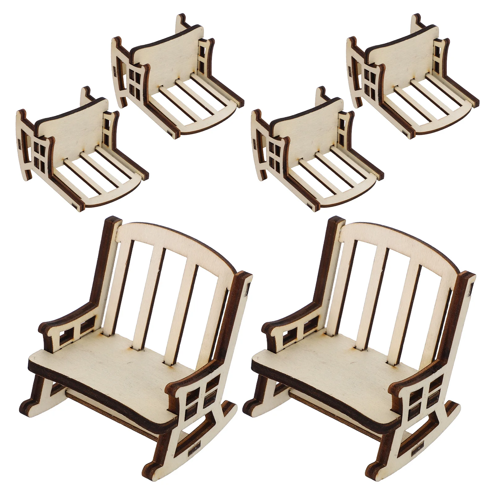 6 Stück Miniatur-Schaukelstühle aus Holz, unbemalt, Maßstab 1:12, Mini-Hausmöbel, Dekoration, Puppenhaus-Zubehör, Vintage-Stil