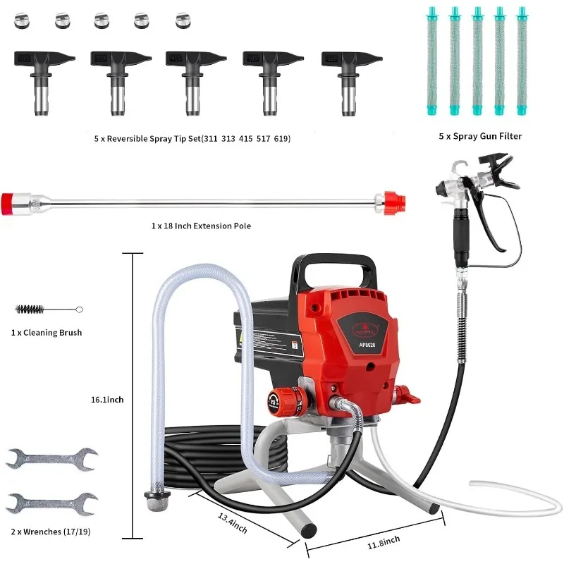 Tools Airless Paint Sprayer, 950W 0.52GPM 3300PSI High Efficiency Airless Sprayer with Tip Extension & Tip Sets, Indoor Paint image 6