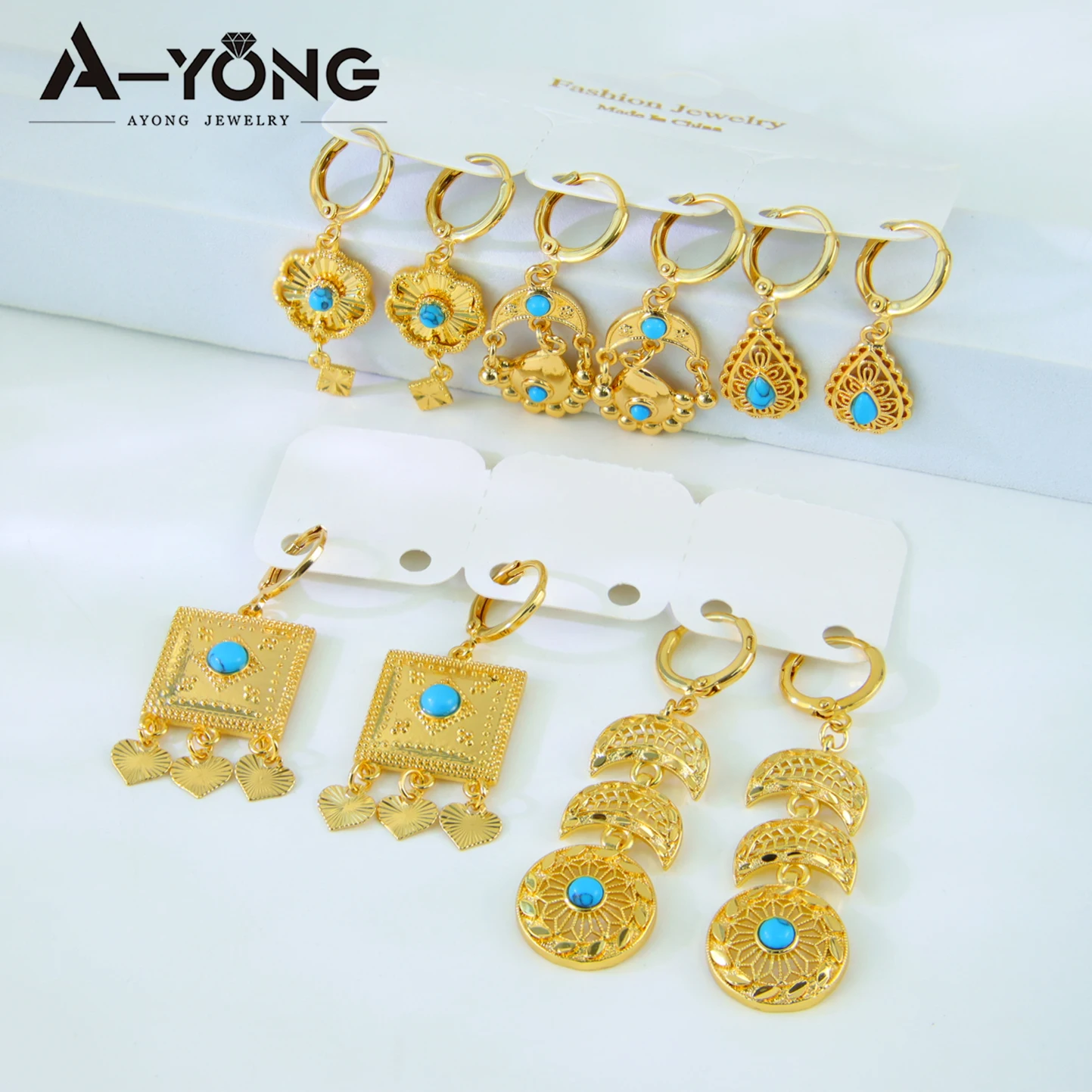 Luxury Dubai Turquoise Gold Plated Drop Earrings 21k Gold Color Ethiopian Bridal Dangles Earring Saudi Women Party Jewelry