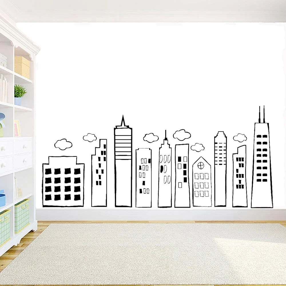 SMALL Whimsical Doodled City Skyline Wall Decals for Kid's Rooms Schools Nursery Decor Wall Decal City Doodled Vinyl Mural X758