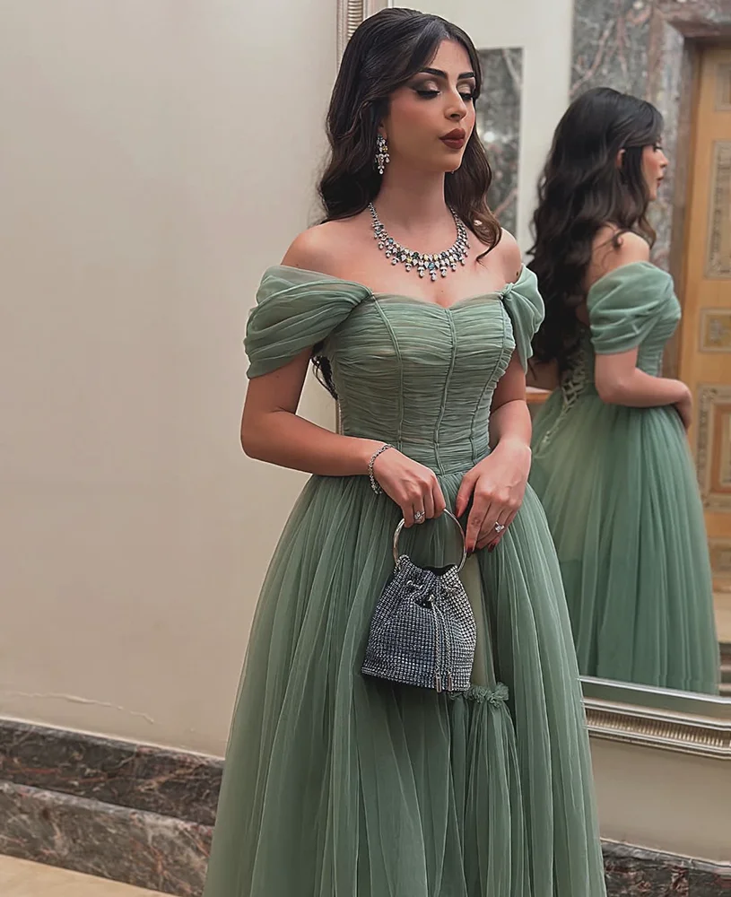 Saudi Arabia Evening Dress Long Prom Gowns Off the Shoulder Lace-up Back 2 Layers Pleats Tulle Party Gowns