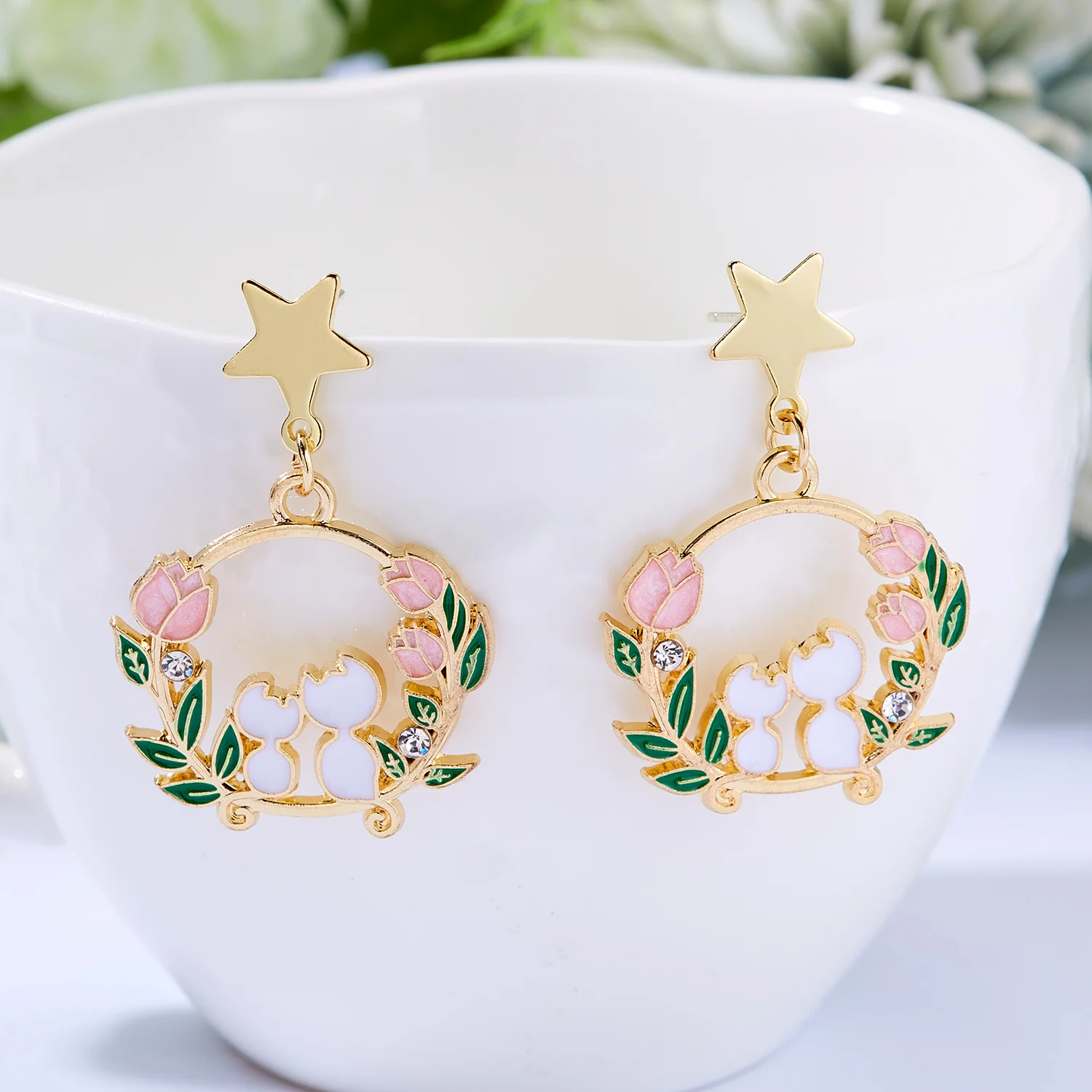 Korean Style Cute Animal Kitten Dangle Earrings For Women Tulip Flower Moon Star Cat Painting Oil Earring Party Christmas Gifts