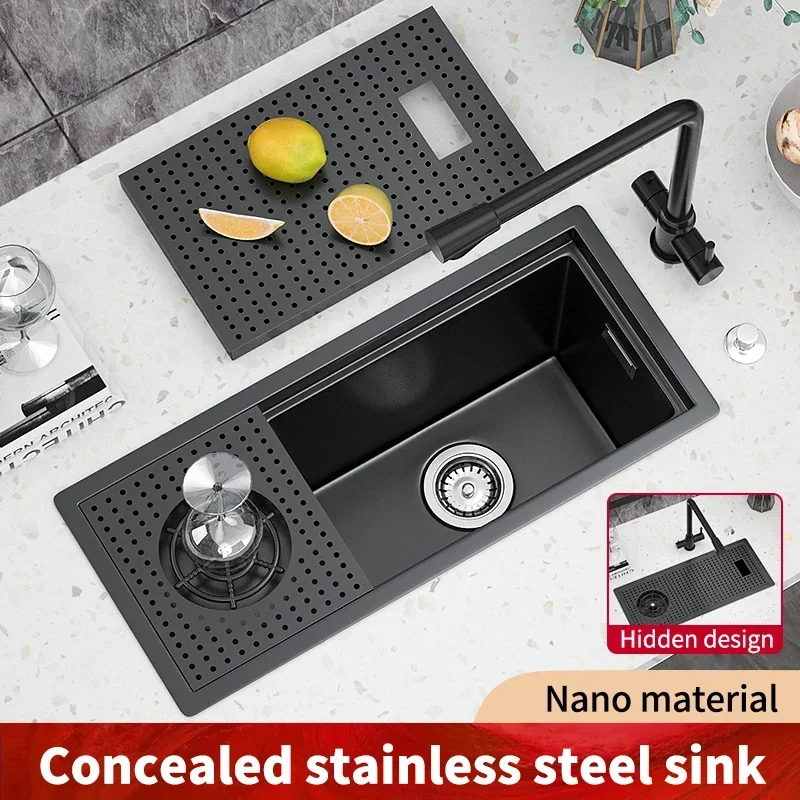 

Hidden Sink Multi Function Kitchen Stainless Steel Sink Wash Basin Black Single Bowl Small Bar Sink Faucet Dishwasher