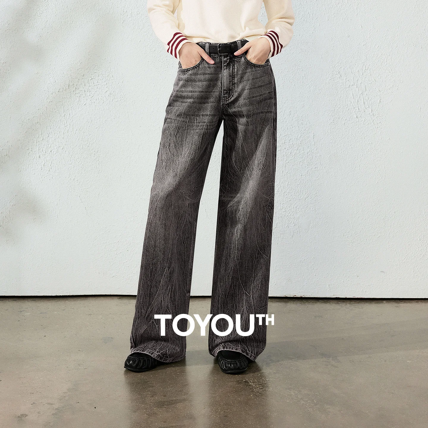 TOYOUTH Unisex Women Jeans 2026 Autumn New Arrival American High Street Cracked Wash High Waist Slim Wide Leg Denim Pants