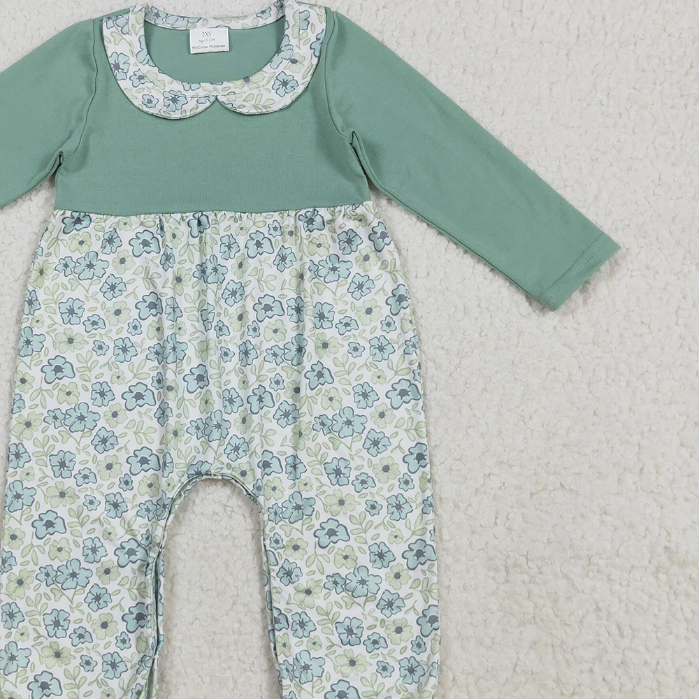 Baby Girls Green Long Sleeves Floral Ruffle Romper Pant Cute Infant Girl Outfit with Ruffle Detailing