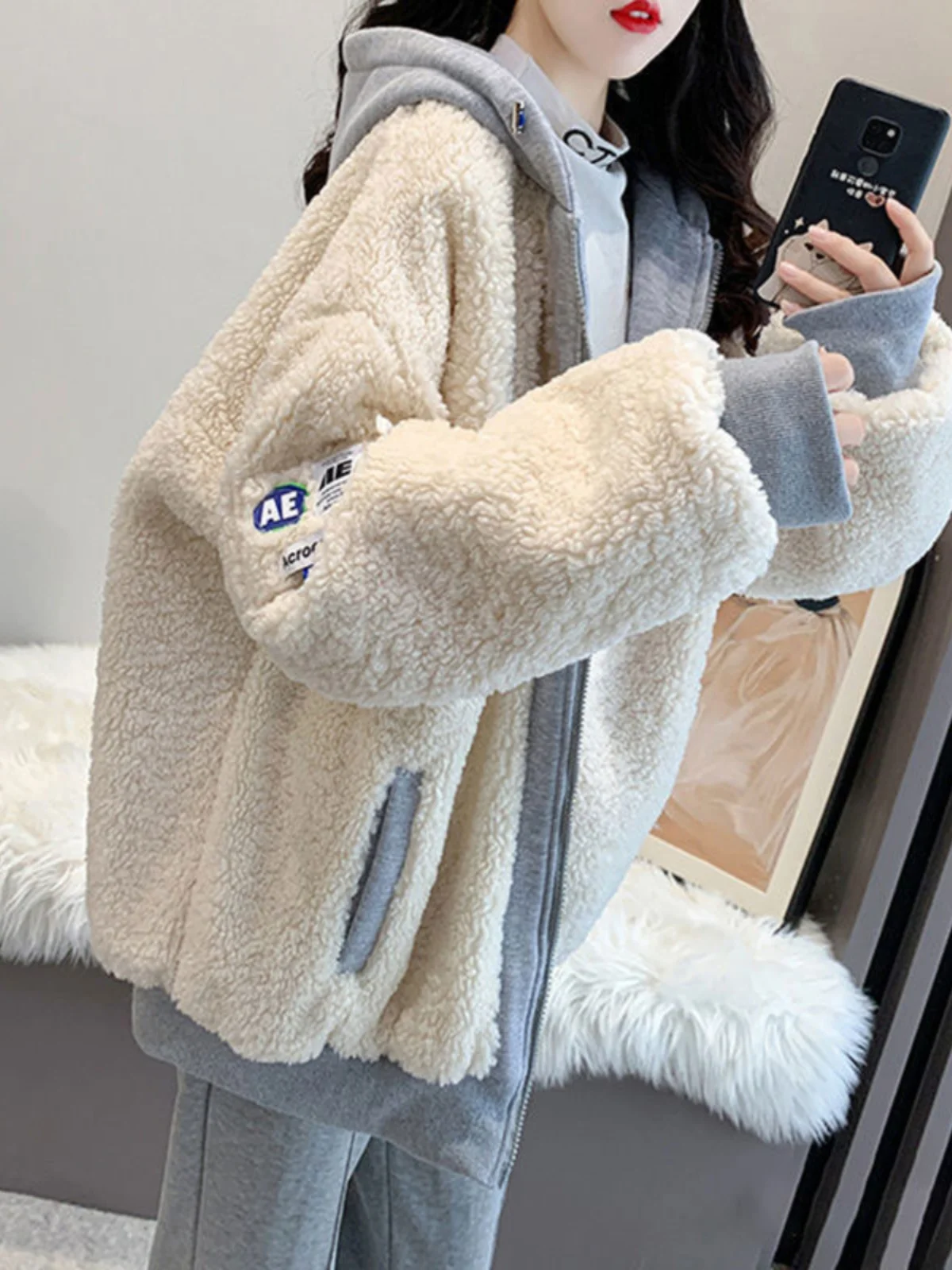 American Retro Sporty Teenage Plush Soft Coat Autumn Winter Warmth Alphabet Hooded Fashion Leisure Zipper Drawstring Outerwear