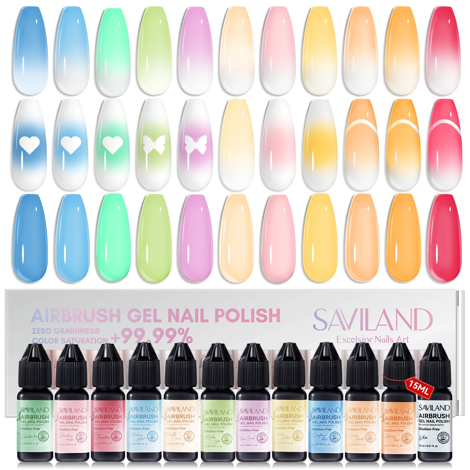 

SAVILAND 12PCS Dilution Free Airbrush Gel Polish 15ml Non Acetone Highly Saturated Macaron Colors for Ombre Nail Art Design