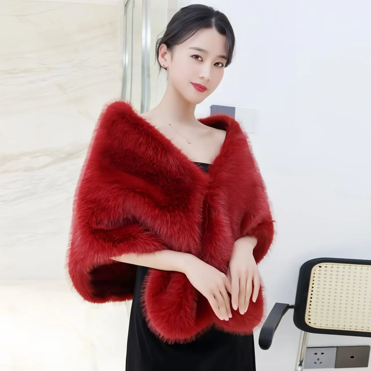 New Autumn Women Open Stitch Solid Color Shawls with Faux Fur Flocking Short Cape Female Winter Pashmina Wraps