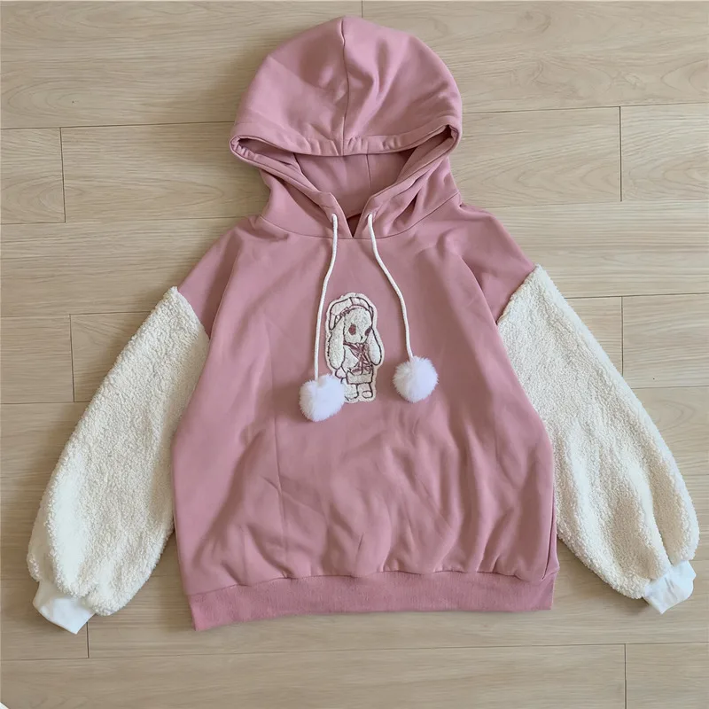 Outono preppy menina harajuku kawaii hoodies dos desenhos animados cães apliques moletom com capuz retalhos velo mangas caídas pullovers
