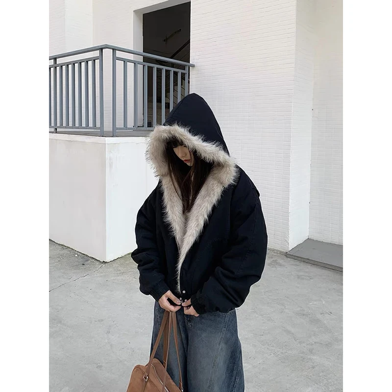 

YIBASHU Winter Women Zipper Lambs Wool Hoodie Jacket American Retro Black Outwear Coat Y2k Korean 2000s High Street Thick Warm