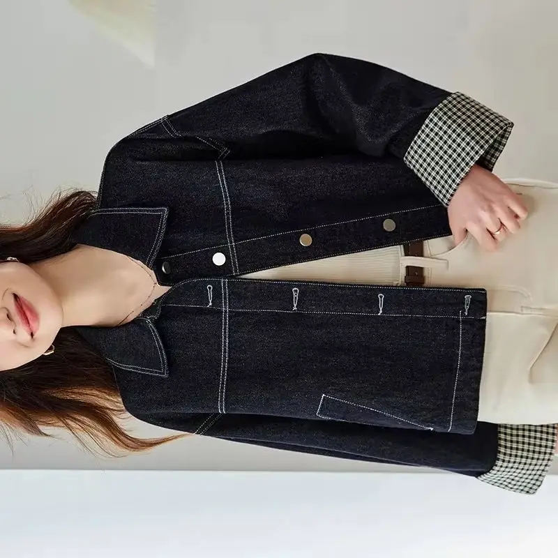 

Весенне-осенняя новая джинсовая куртка с решеткой, женская однобортная свободная универсальная короткая ковбойская куртка в стиле ретро, женский повседневный топ