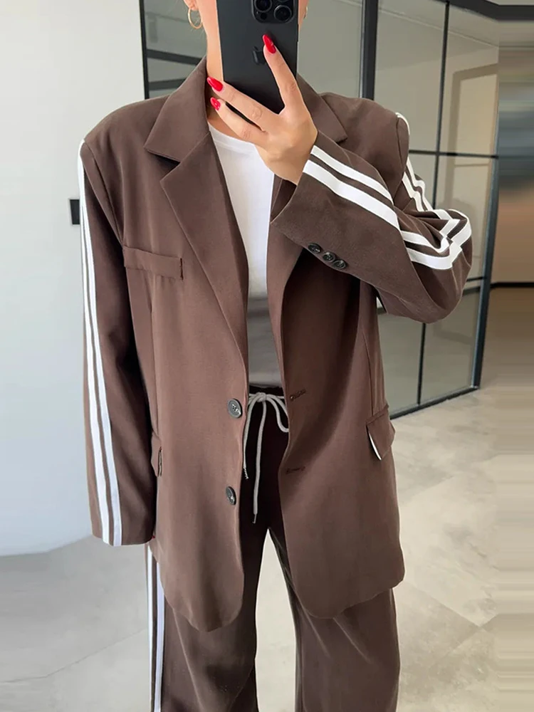 Classic vertical stripe splicing 2-piece set lapel long sleeved jacket+elastic waist wide leg pants set casual style set