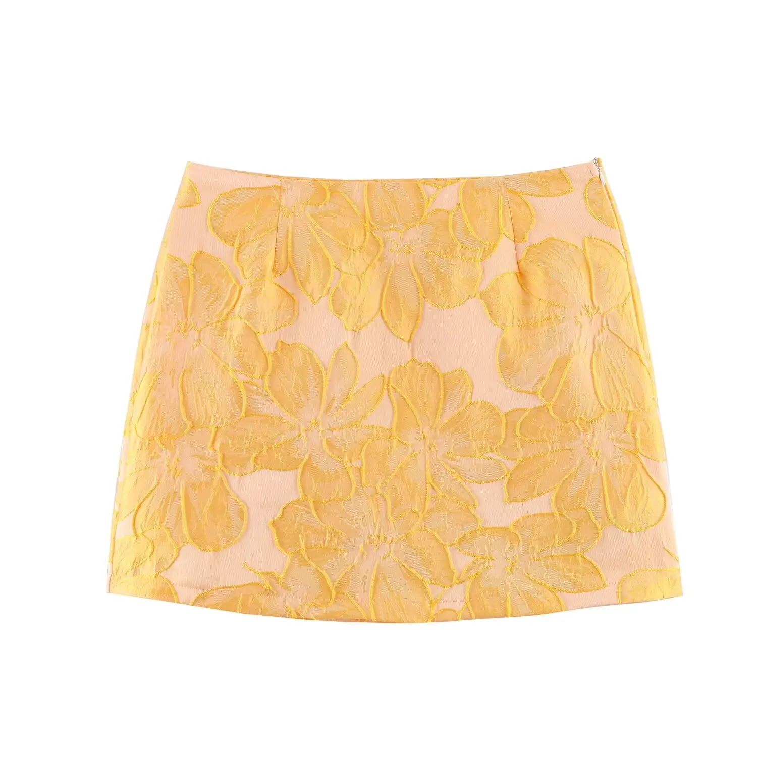 Yellow Floral Jacquard Mini Skirt for Women Mid-waist A‑Line Commuter Temperament Skirt Elegant Party Club Casual Bottoms