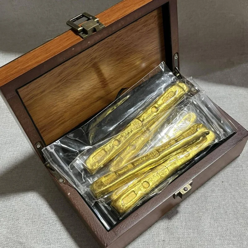 Antique Pure Copper Gold Plated Fu Lu Shou Xi Cai Small Gold Bar a Set of Boxed Gold Bars Domestic Ornaments Collection