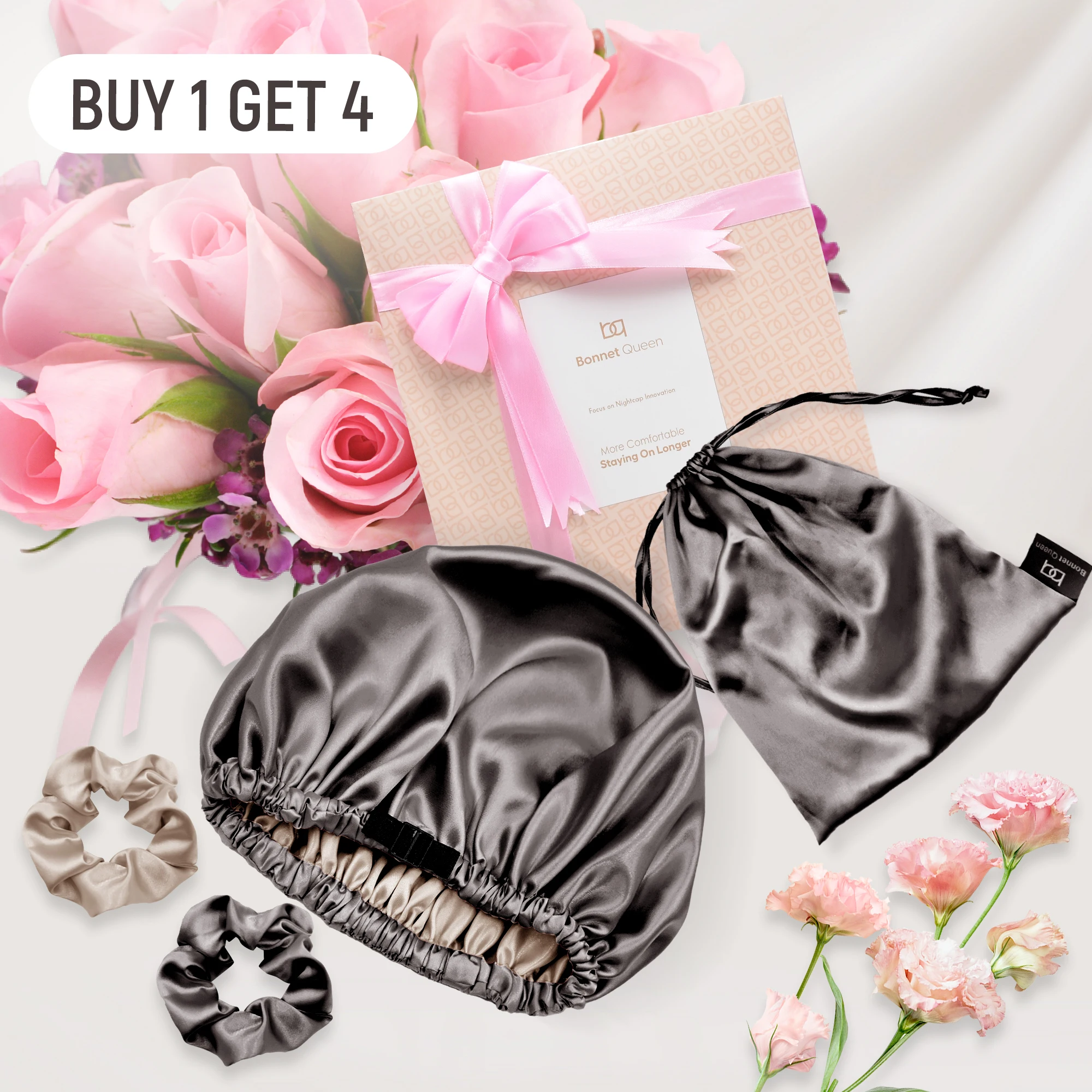 Bonnet Queen 4 pezzi Set cofano in raso di seta per donna