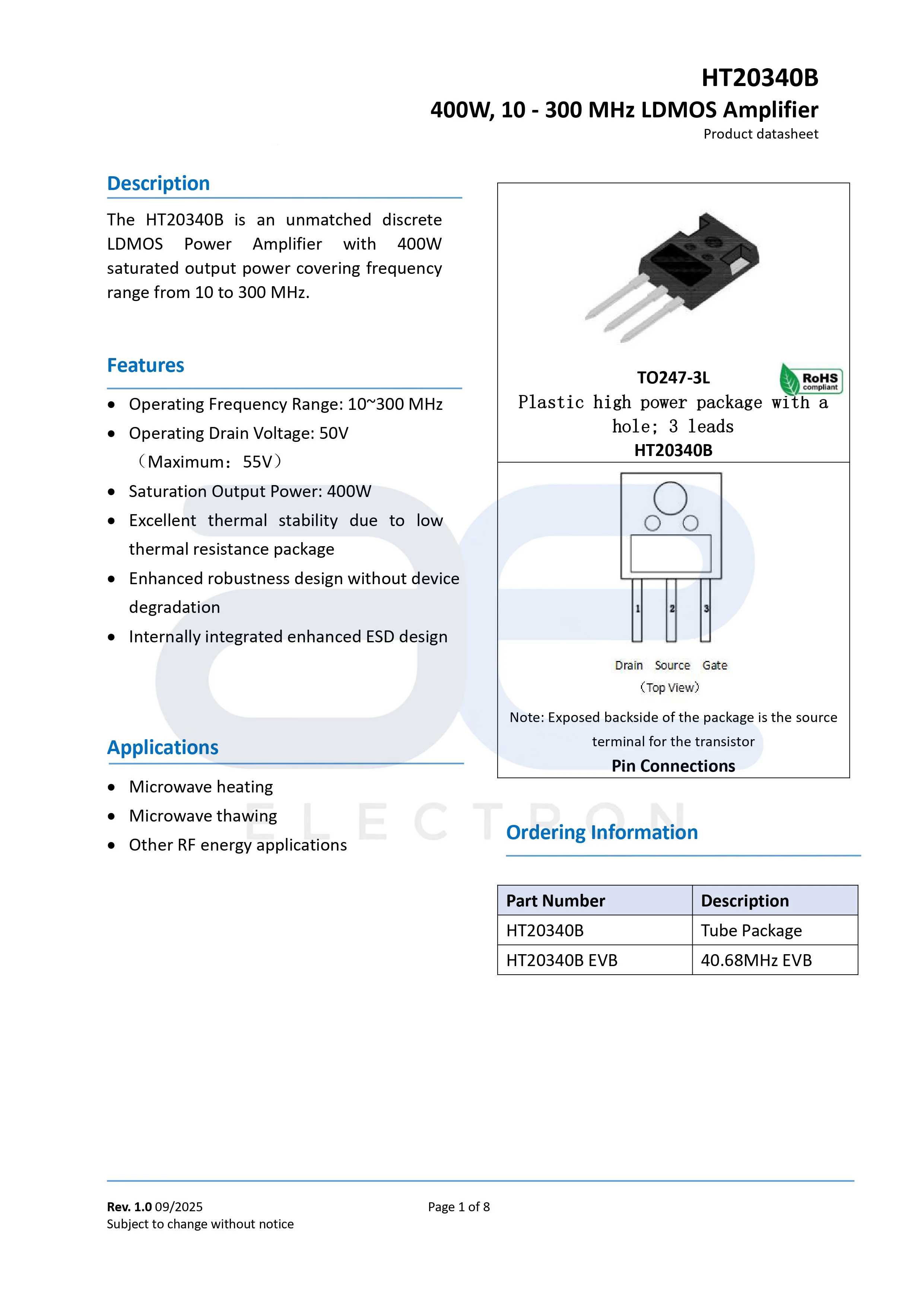 HT20340B HT20340S (Chinese-Brand) TO247-3L 400W 10-300MHz 50V LDMOS RF Amplifier Transistor New Original  1pcs/Lot