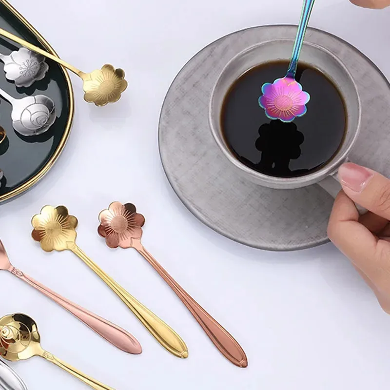 

8Pcs Set 304 Stainless Steel Ice Cream Coffee Spoon Small Flower Teaspoon Gifts Dessert Tableware Kitchen Tableware Accessories