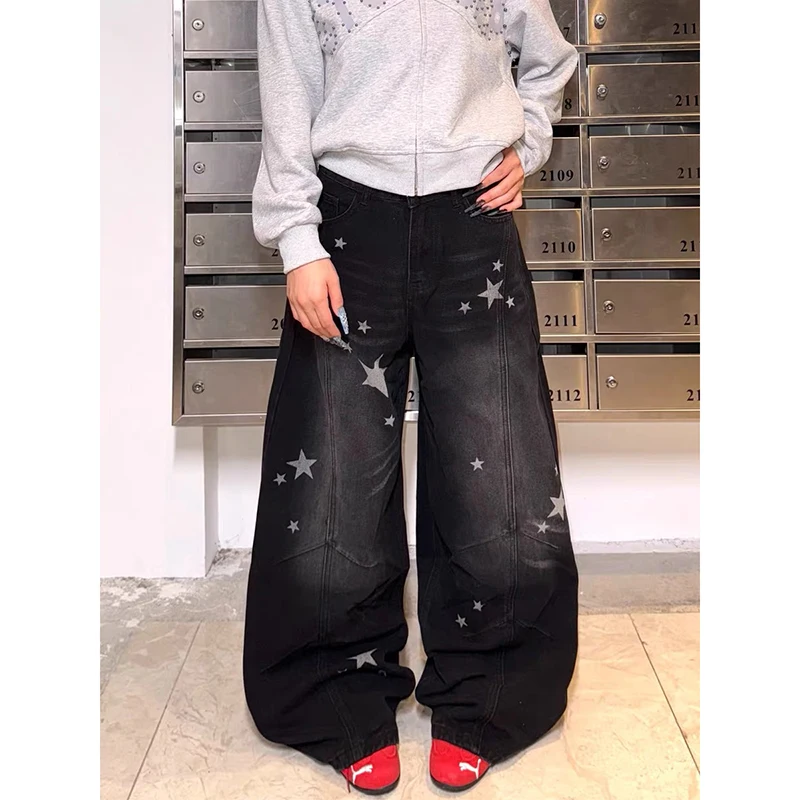 

ZHIZOU Women Black Y2k Star Graffiti Harajuku Vintage Denim Trousers Aesthetic 2000s Style Baggy Boyfriend Jeans Pants Clothes