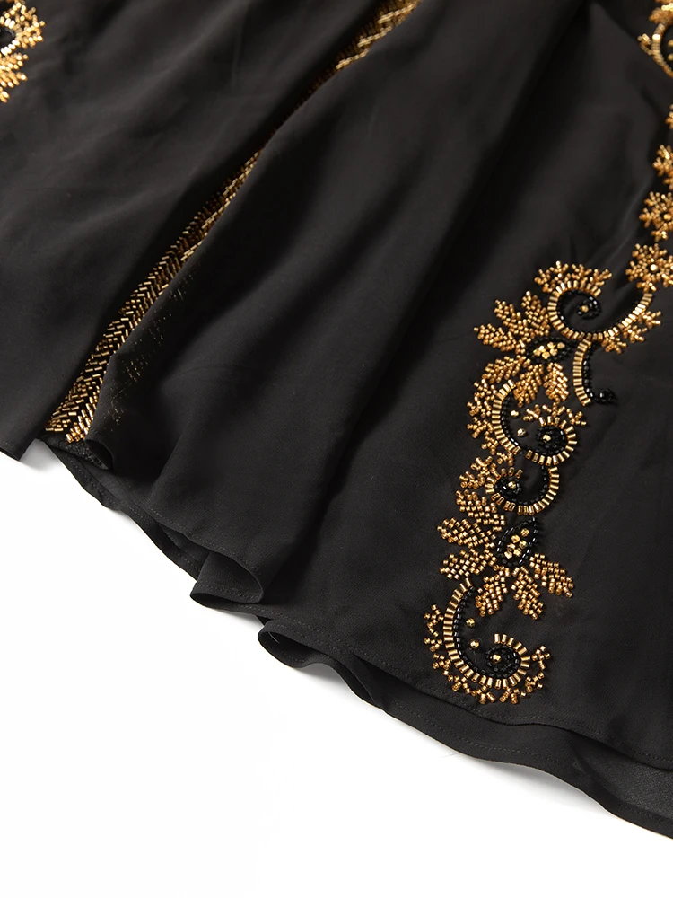 DSFACAIRIJ Vestido largo negro con cuentas para mujer, cuello levantado, manga larga, con cordones, vestido de fiesta Vintage para otoño, moda femenina