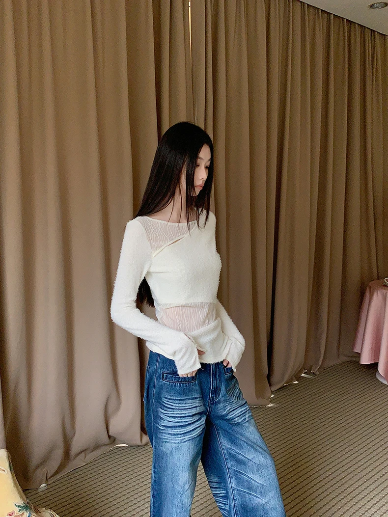 CHEERART Designer White Cut Out Long Sleeve Blouse Women See Through Knitted Top Woman 2024 Fashion Fall Clothes