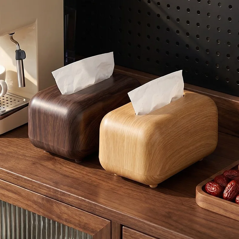Wood Grain Tissue Box Magnetic Spring‑Loaded Napkin Storage Box Desktop Tissue Holder for Home Coffee Table Homestay
