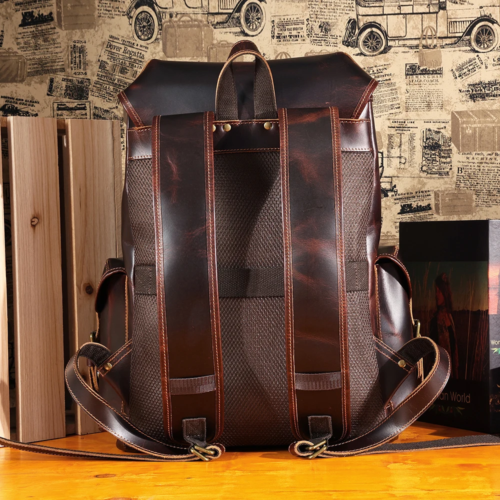 Large capacity leather shoulder bag outdoor sports backpack multi-pocket male travel bag fashion casual new oil wax cowhide