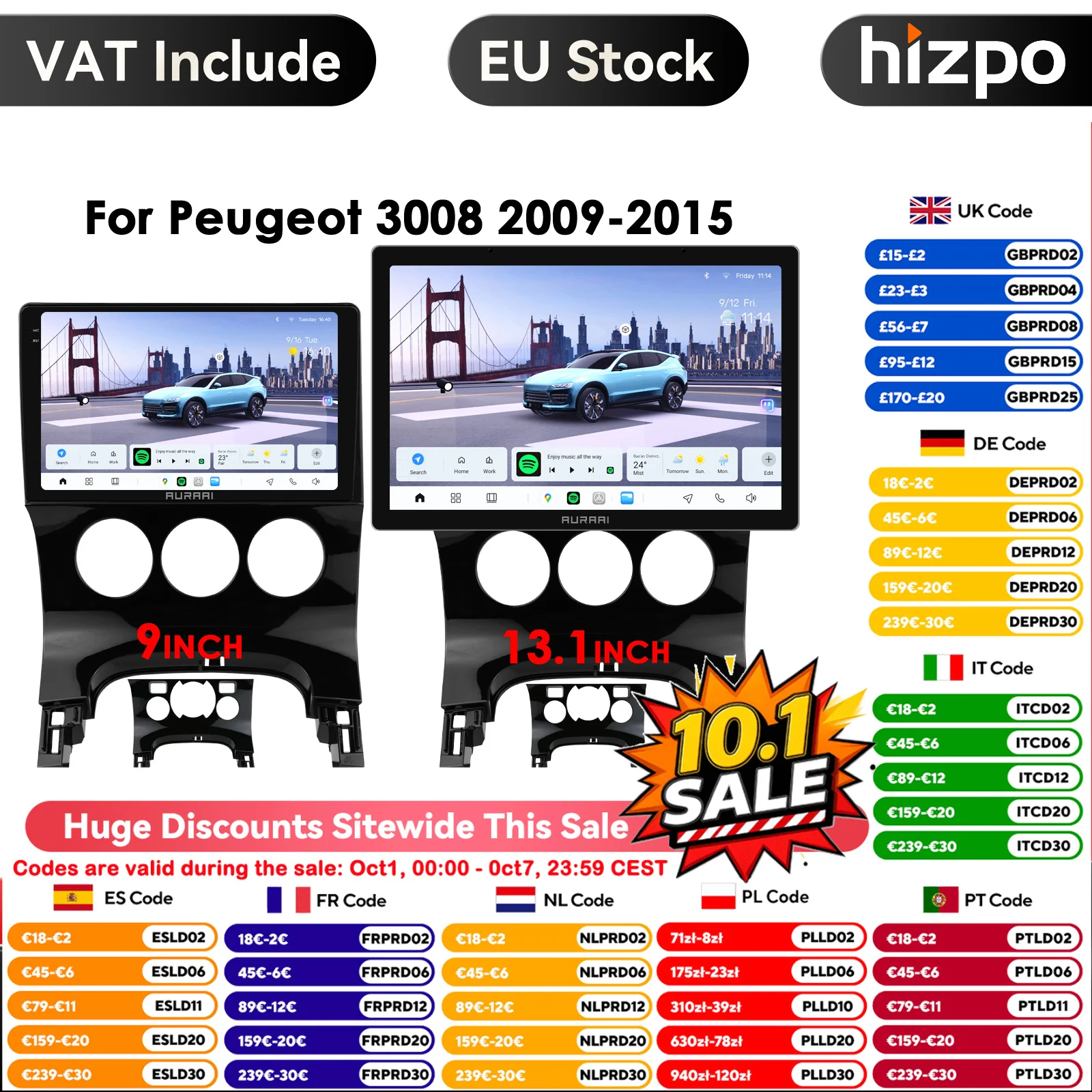 Autoradio Hizpo 9 pollici per Peugeot 3008 AT MT 2009-2015, Carplay, Android Auto, Lettore Multimediale, Stereo, Navigazione GPS 4G, Sistema Intelligente per Auto, Controllo Vocale AI, Schermo QLED