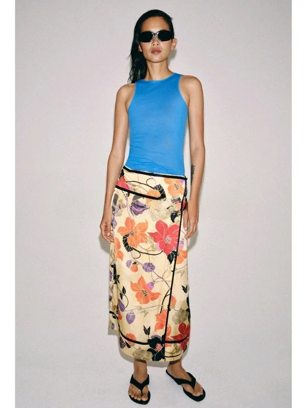 Summer Women's Ins Style Color Block  Floral Saree Wrap Scarf Style Half Skirt Middle Waist Standard Fit Polyester Fiber