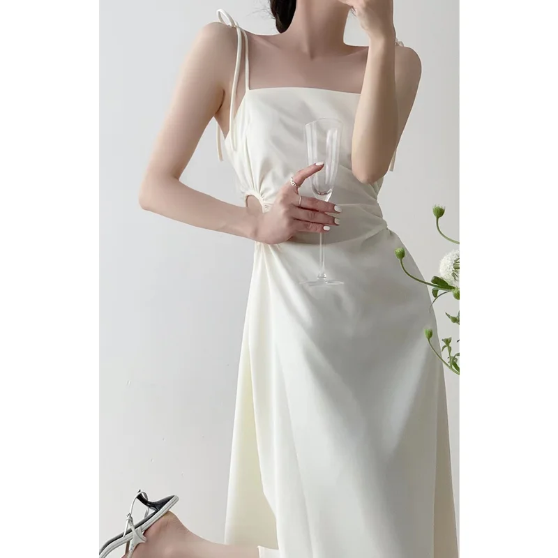 Women's Clothing Suspended Dress French Satin White Slim Sexy Open Waist Long Skirt Design Feel Hollow Lace Up Temperament Dress