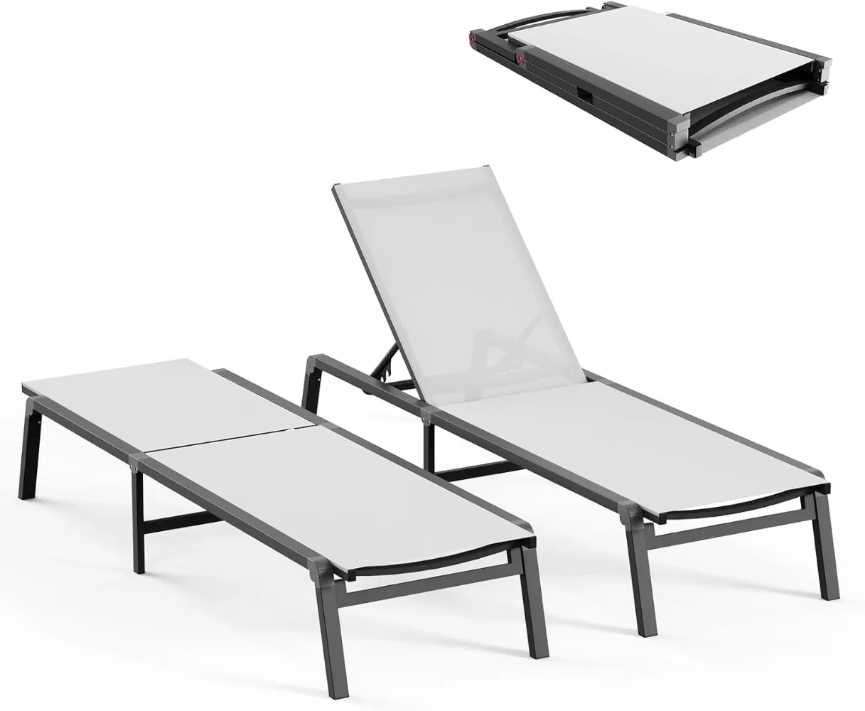 Patio chaise lounge stoelen, opvouwbare lounge stoel voor buiten, set van 2 met 5 verstelbare rugleuningen, ligstoel voor buitenzwembad