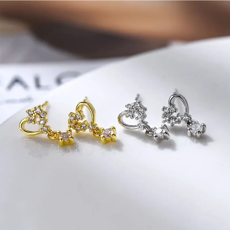 Simple Fashion Love Heart Pavé Crystal Lightning Stud Earrings forWomen Exquisite Student Girlfriend Jewelry Accessories